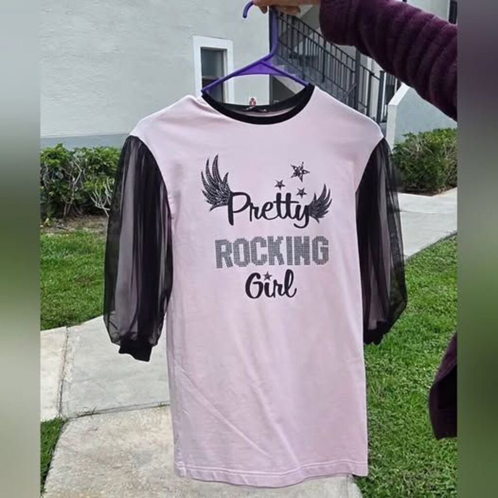 Pretty Rocking Girl Pink Tee with Black Mesh Sleeves